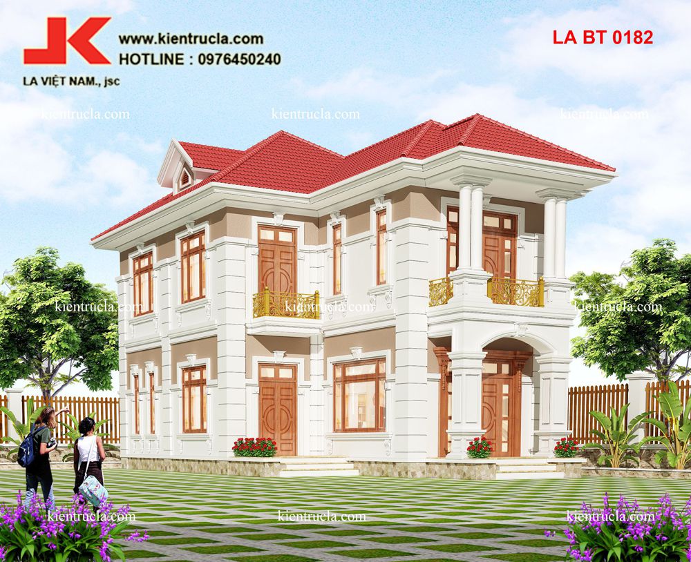 THIẾT KẾ BIỆT THỰ 2 TẦNG CHỮ L TÂN CỔ ĐIỂN - BT 0182